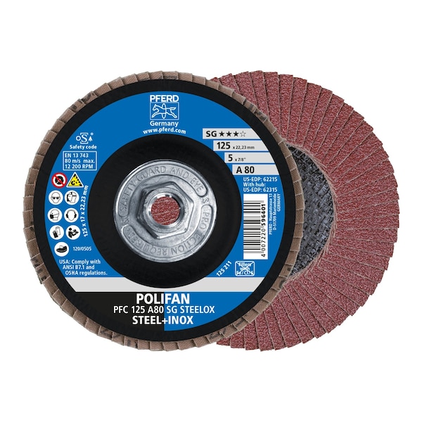 Pferd 5" x 5/8-11 Thd. POLIFAN Flap Disc - A SG STEELOX, Aluminum oxide, 80 Grit, Conical 62315 - main
